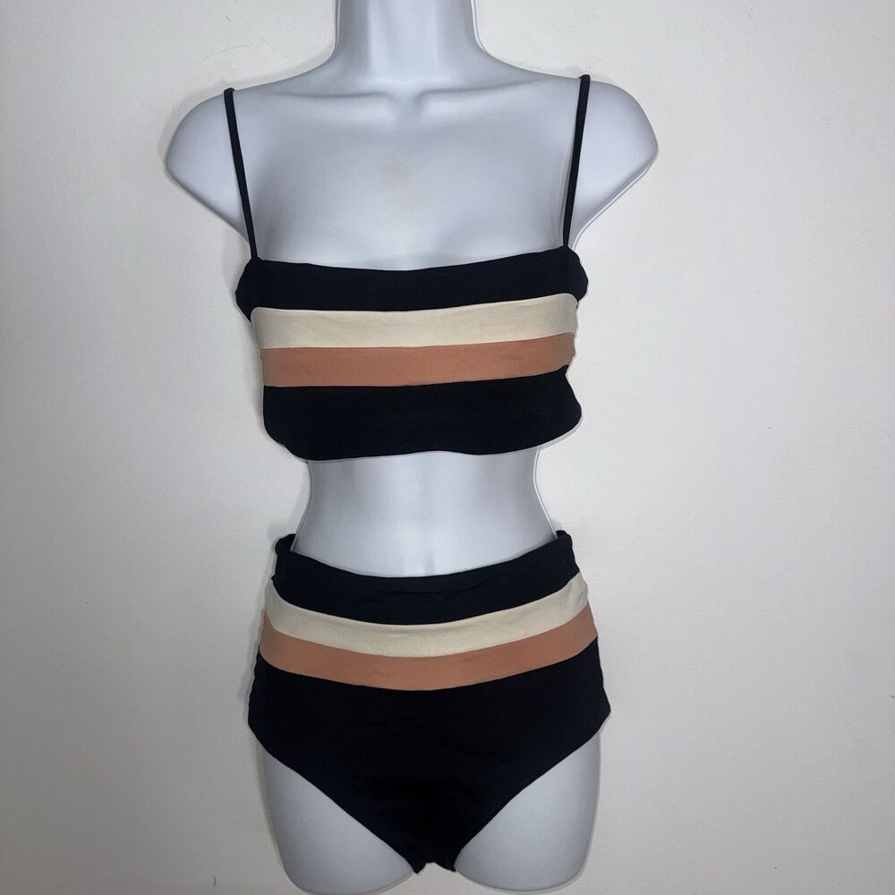 L*Space Rebel Stripe Top Portia Stripe High Waist Bikini Bottom Medium Black USA